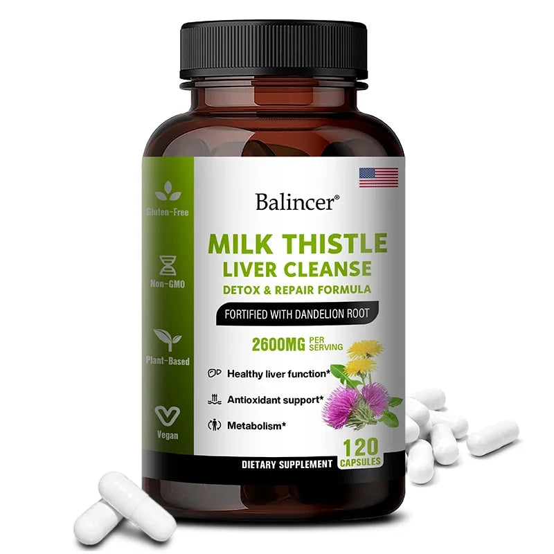 Milk Thistle Extract Capsules with Dandelion for A Detox Cleansing Liver Support and Repair Formula Help Digestion Non-GMO