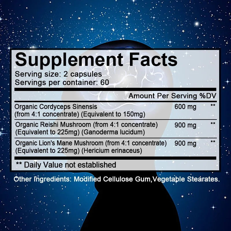 Nootropic Mushroom Blend – Cordyceps, Reishi & Lion’s Mane for Memory, Focus, and Cognitive Health