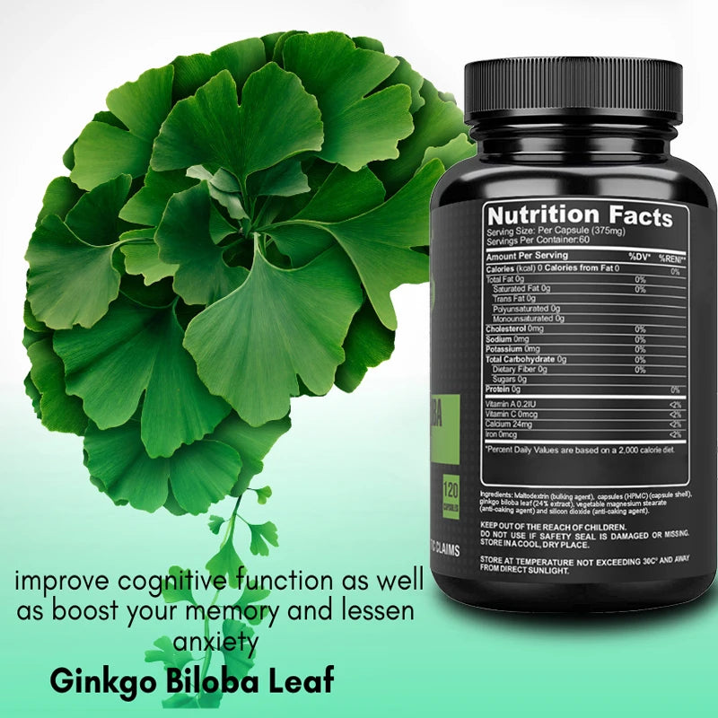 Ginkgo Biloba Capsules – Memory, Focus & Brain Function Support | Non-GMO Antioxidant Supplement