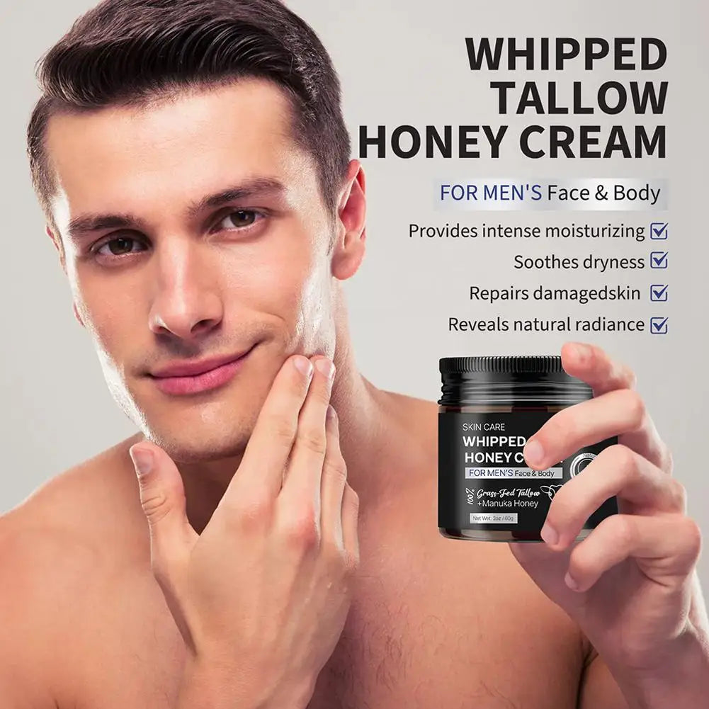 Whipped Beef Tallow Honey Face Cream Deep Moisturizing Skin Care for Men, Enhances Elasticity,Softness, Radiance Moisturizer