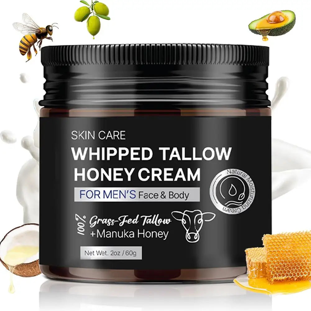 Whipped Beef Tallow Honey Face Cream Deep Moisturizing Skin Care for Men, Enhances Elasticity,Softness, Radiance Moisturizer