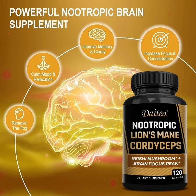 Nootropic Mushroom Blend – Cordyceps, Reishi & Lion’s Mane for Memory, Focus, and Cognitive Health