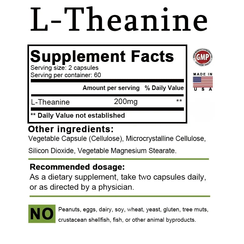 L-Theanine 200 Mg - A naturally occurring amino acid. Relieve Fatigue, Improve Negative Emotions, Relax The Body and Mind, and Improve Sleep Quality