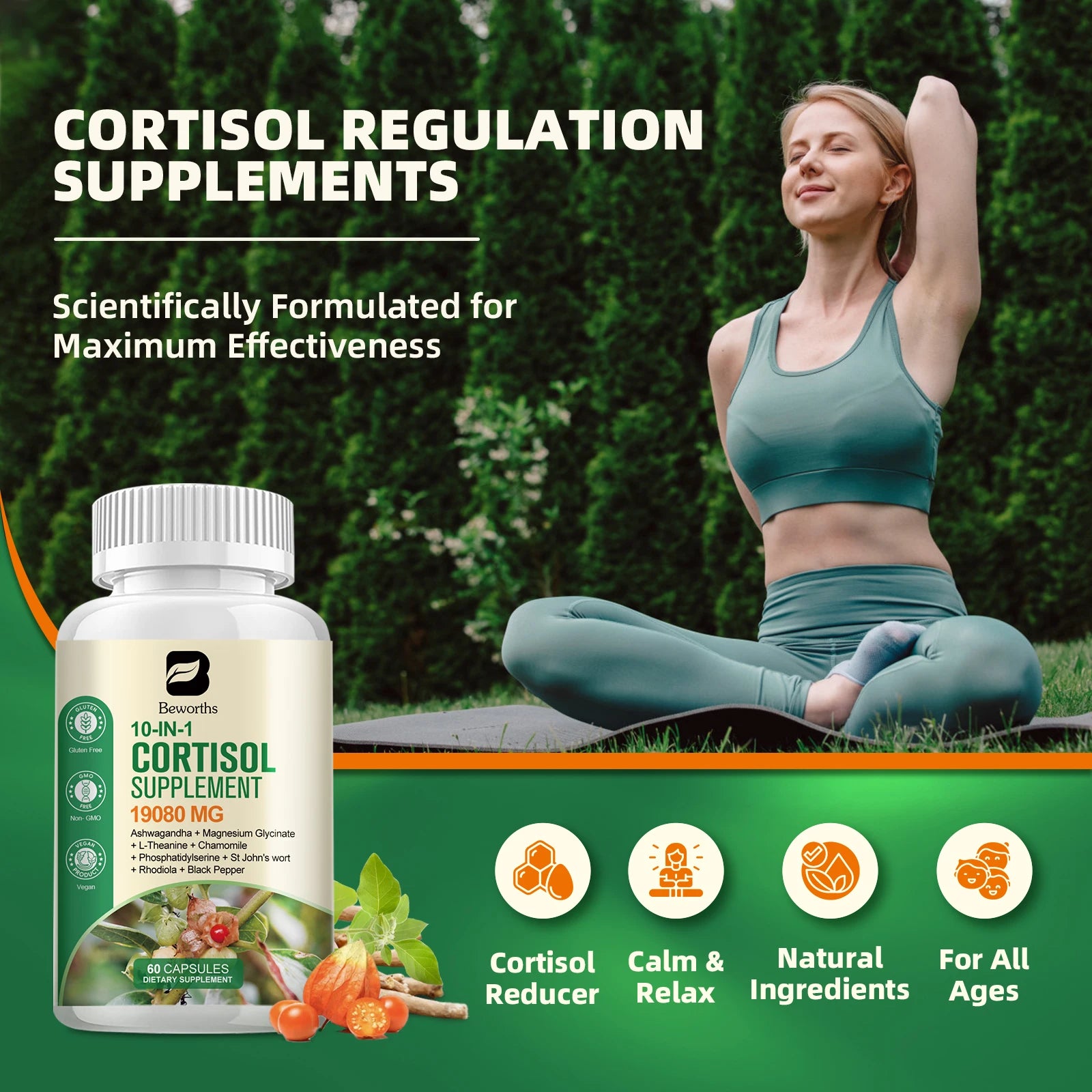 Cortisol Support Capsules with Ashwagandha Extract for Healthy Sleep, Stress Relief, energy regulation and Calm Balance 60/120PCS Bottle