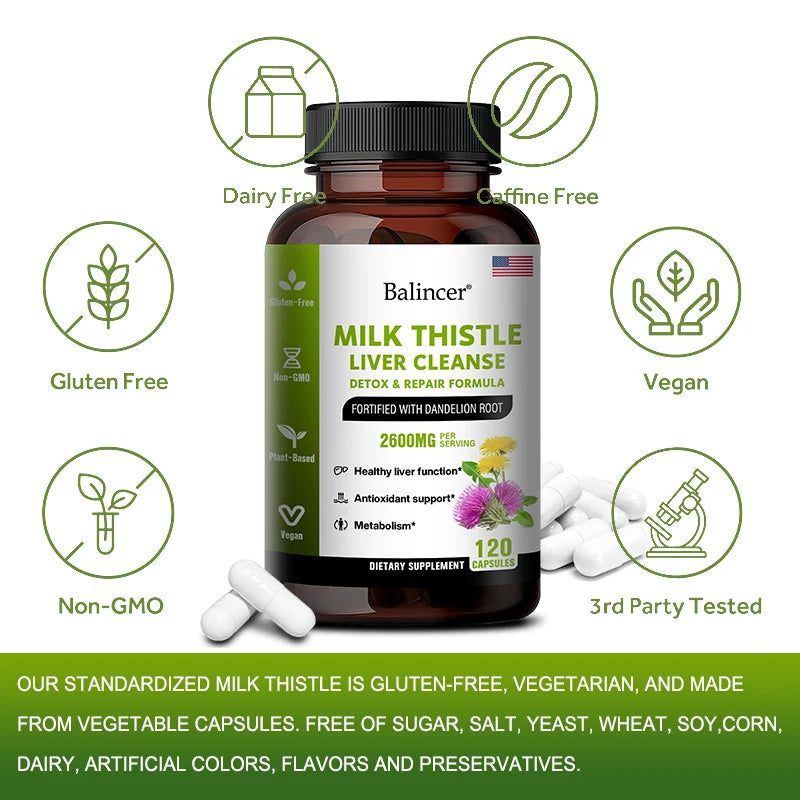 Milk Thistle Extract Capsules with Dandelion for A Detox Cleansing Liver Support and Repair Formula Help Digestion Non-GMO