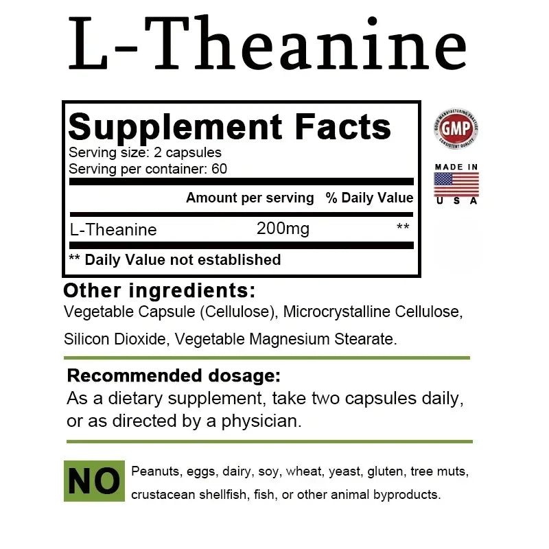 L-Theanine 200 Mg - A naturally occurring amino acid. Relieve Fatigue, Improve Negative Emotions, Relax The Body and Mind, and Improve Sleep Quality