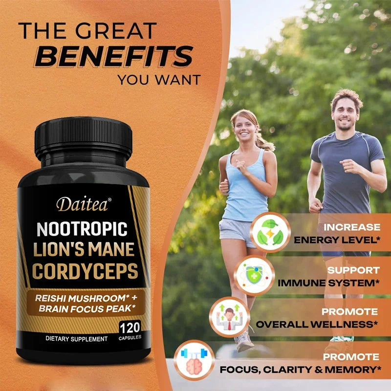 Nootropic Mushroom Blend – Cordyceps, Reishi & Lion’s Mane for Memory, Focus, and Cognitive Health