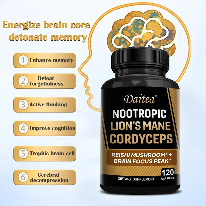 Nootropic Mushroom Blend – Cordyceps, Reishi & Lion’s Mane for Memory, Focus, and Cognitive Health
