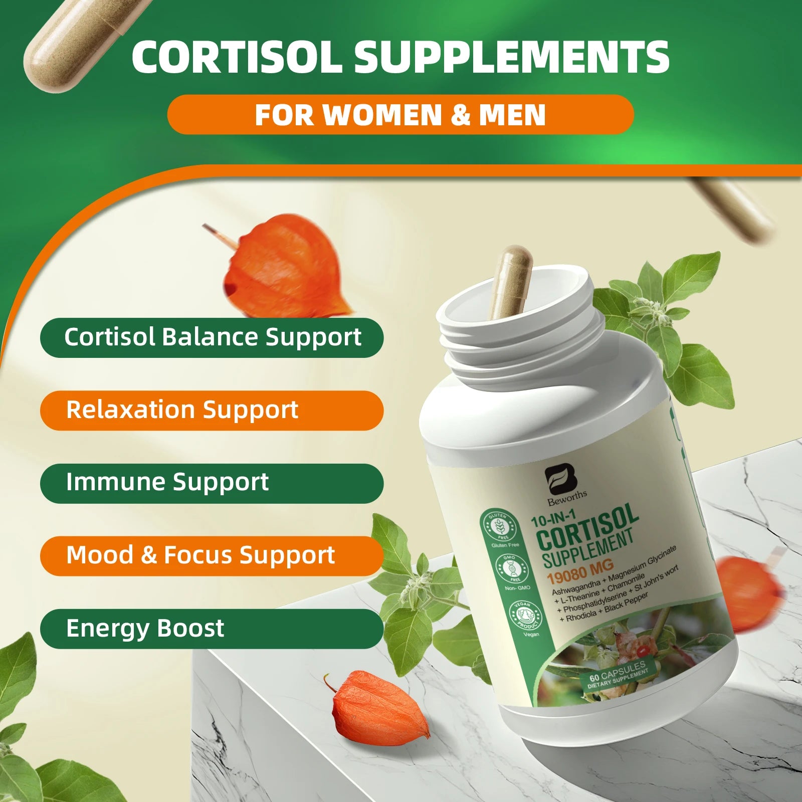 Cortisol Support Capsules with Ashwagandha Extract for Healthy Sleep, Stress Relief, energy regulation and Calm Balance 60/120PCS Bottle