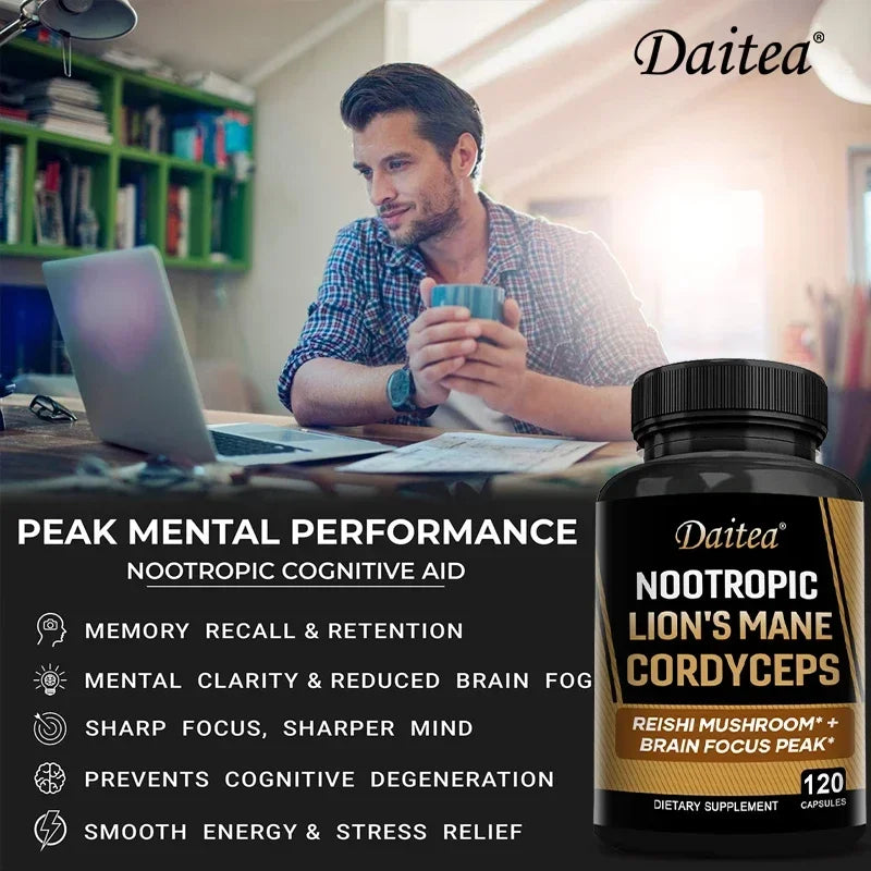 Nootropic Mushroom Blend – Cordyceps, Reishi & Lion’s Mane for Memory, Focus, and Cognitive Health