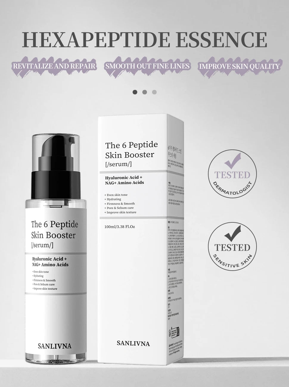 Facial Refreshing Skin Care - 6 Peptide Essence - Set Contains Collagen to Improve Fine Lines, Brighten Skin, Moisturize and Nourish