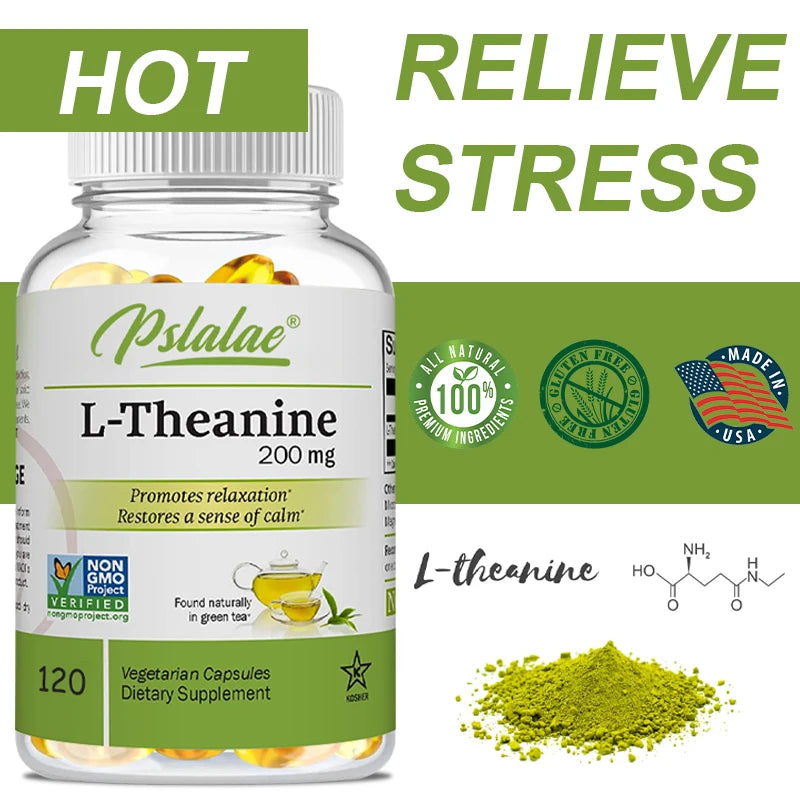 L-Theanine 200 Mg - A naturally occurring amino acid. Relieve Fatigue, Improve Negative Emotions, Relax The Body and Mind, and Improve Sleep Quality