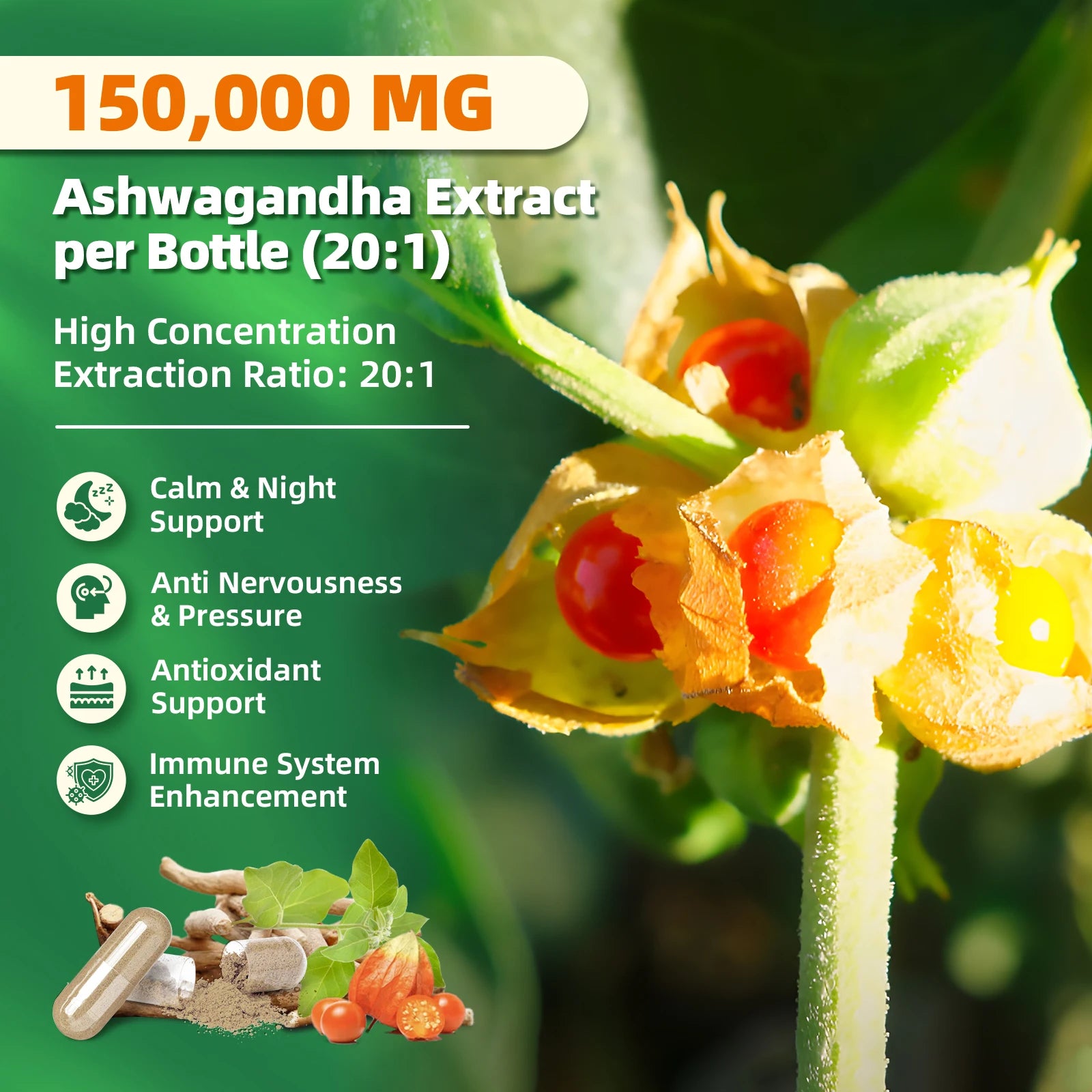 Cortisol Support Capsules with Ashwagandha Extract for Healthy Sleep, Stress Relief, energy regulation and Calm Balance 60/120PCS Bottle