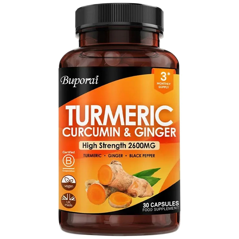 Buporai Turmeric Curcumin & Ginger supplement bottle on a white background